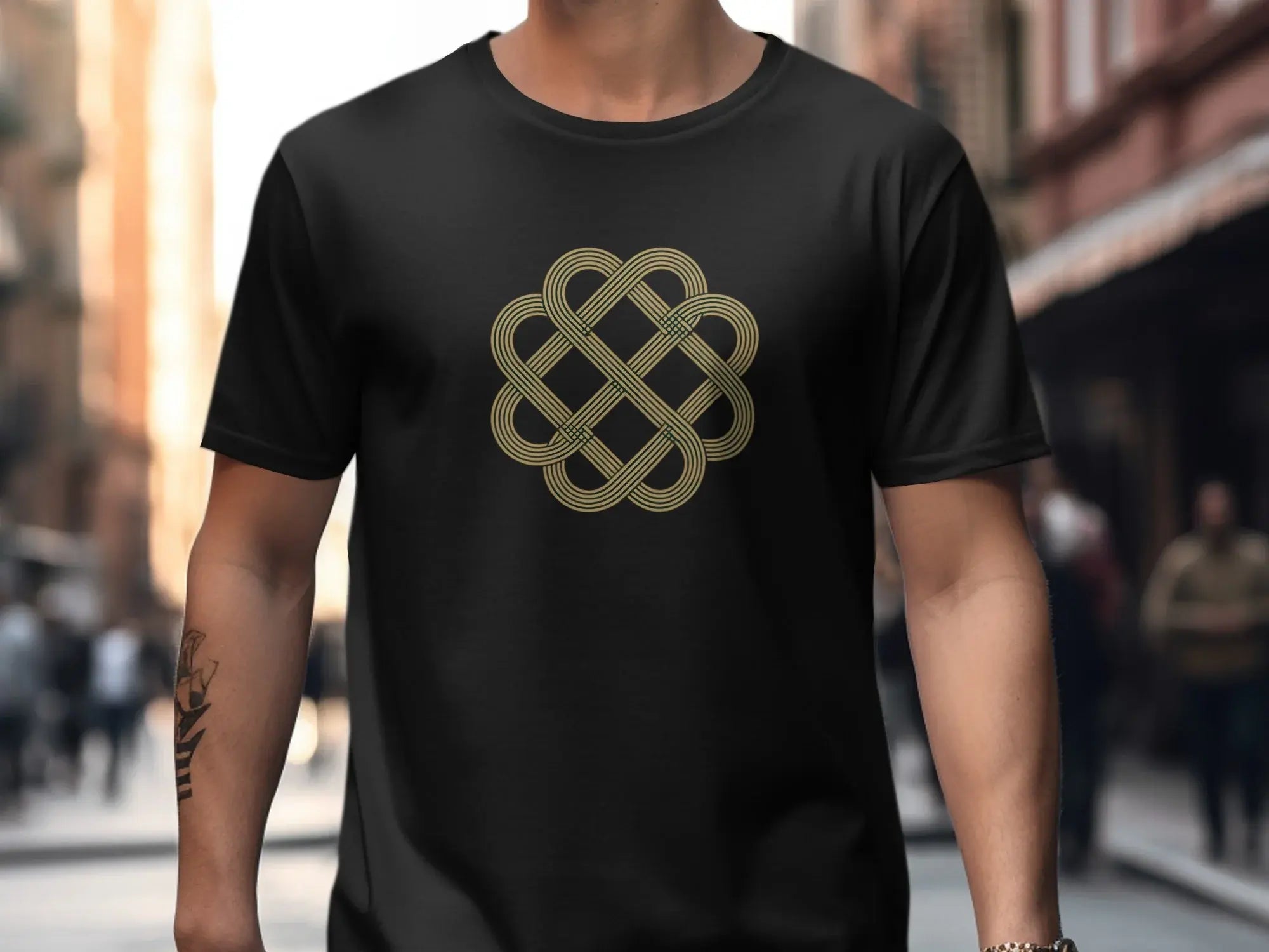 Stylish Black Tee with Intricate Gold Celtic Knot Design