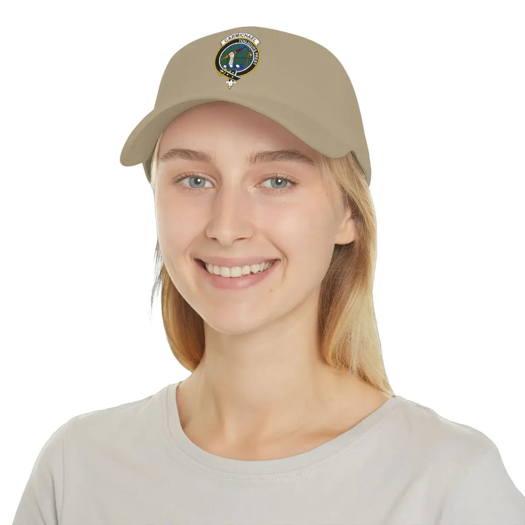 Clan Carmichael tartan crest adjustable cap in khaki — unstructured fit