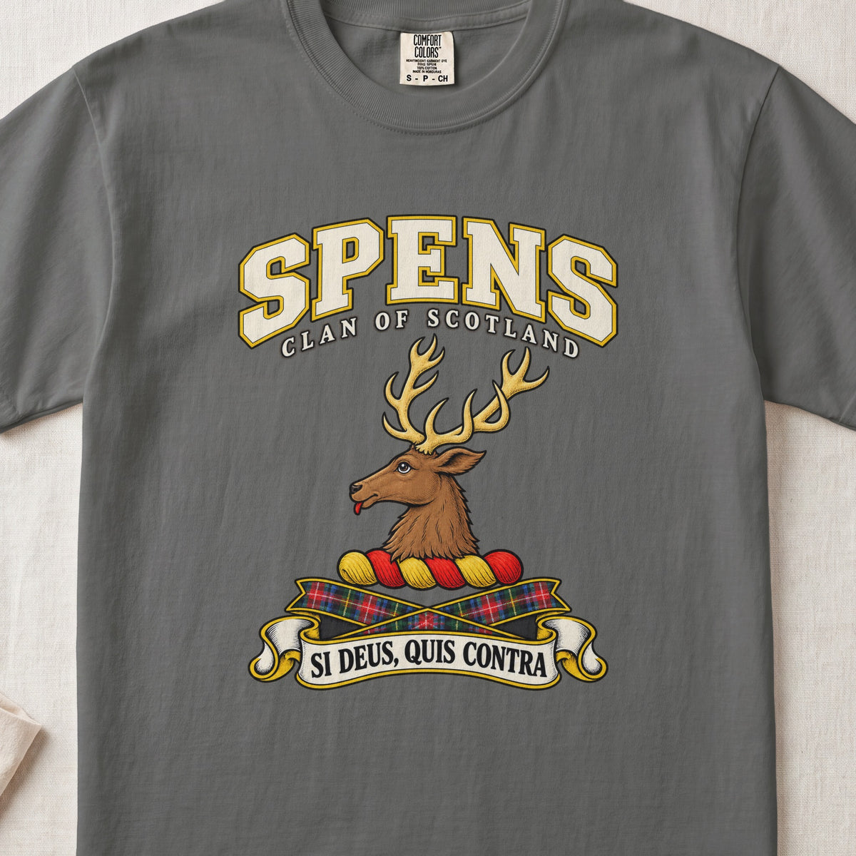 Spens Scottish clan T-shirt in Pepper, front view with a brown stag head with gold antlers and motto design.