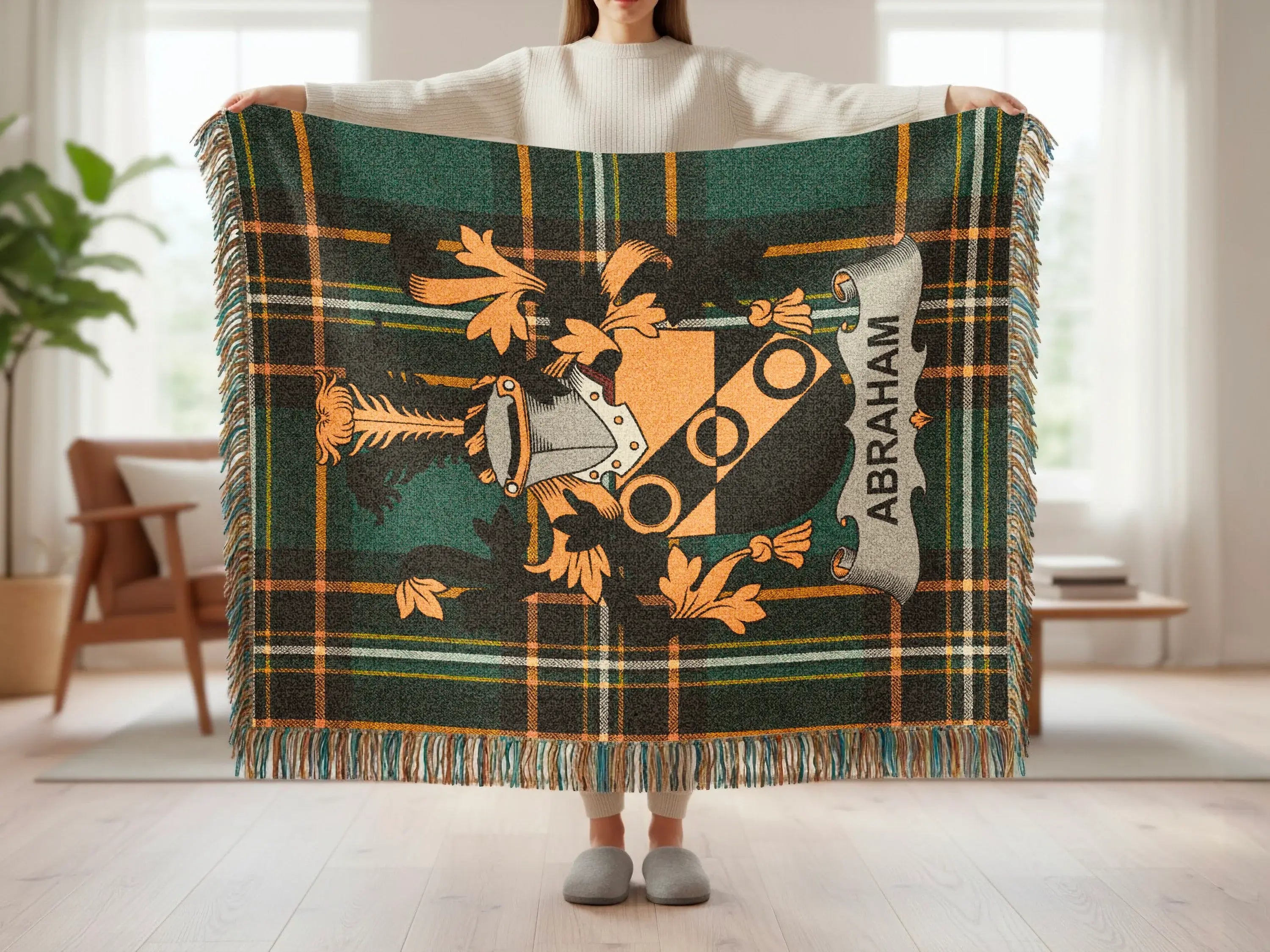 Abraham surname woven blanket with Irish National Tartan fringed edges detail