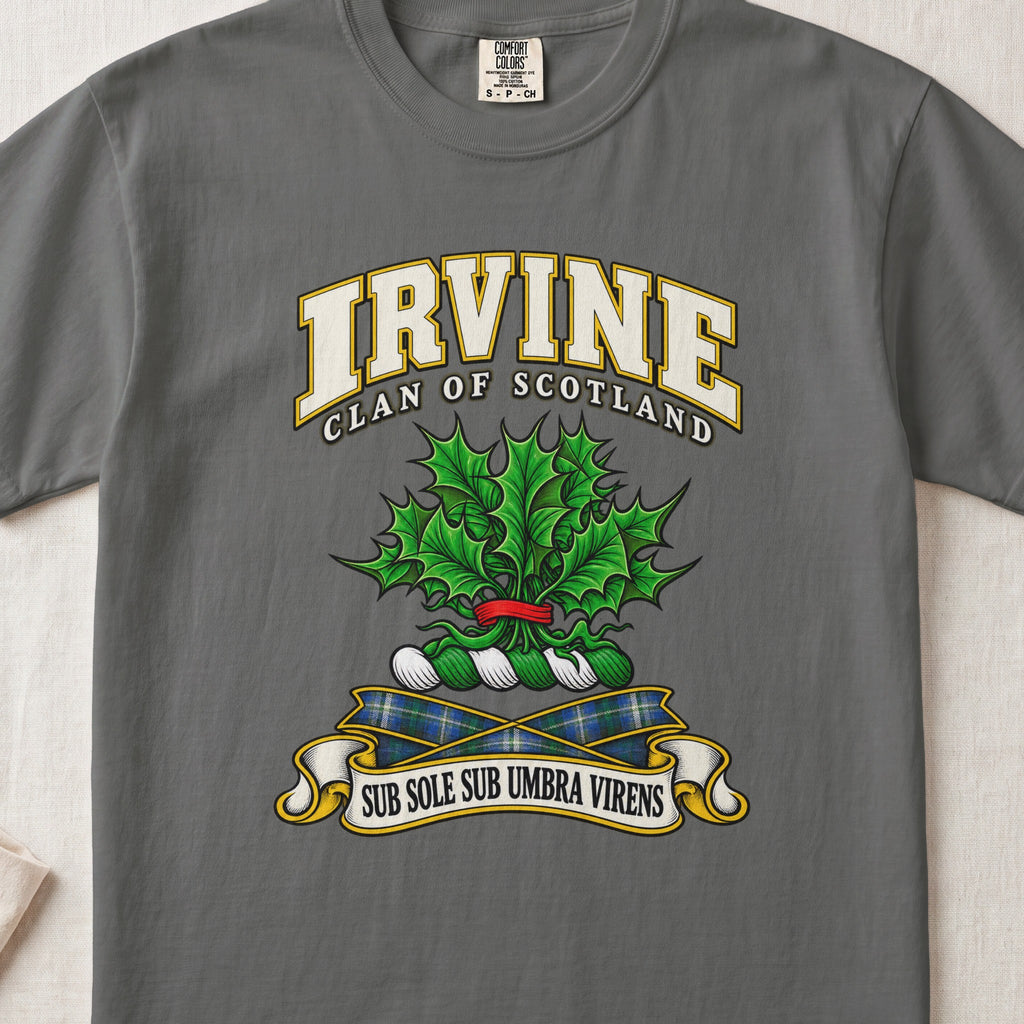 Irvine Scottish clan T-shirt in Pepper, front view with green holly leaves with red berries and motto banner.