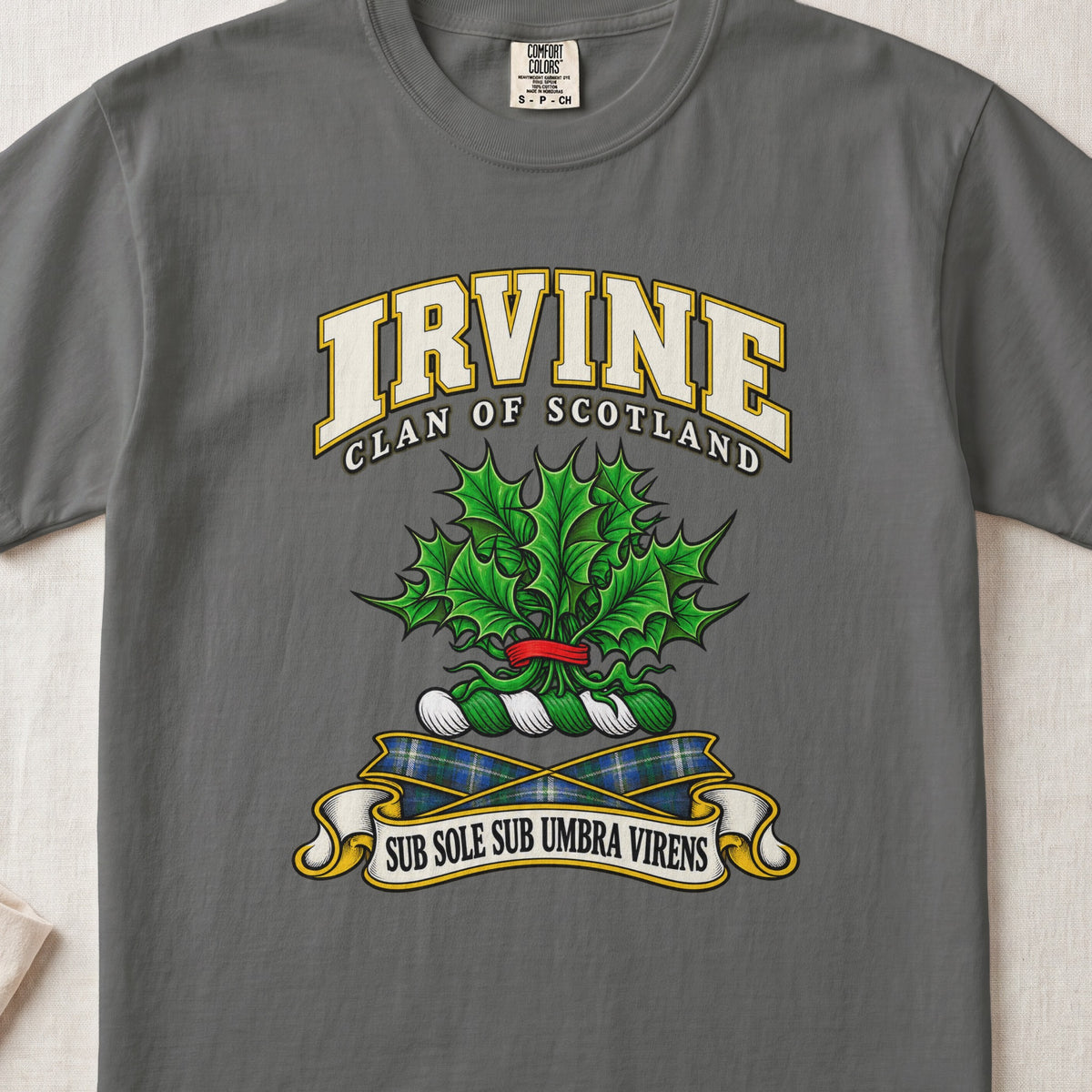 Irvine Scottish clan T-shirt in Pepper, front view with green holly leaves with red berries and motto banner.