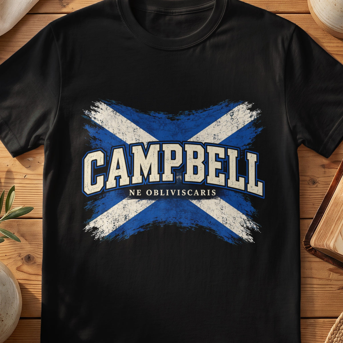 Campbell Scottish Saltire T-shirt in Black, with distressed blue and cream flag and “Ne Obliviscaris” lettering.