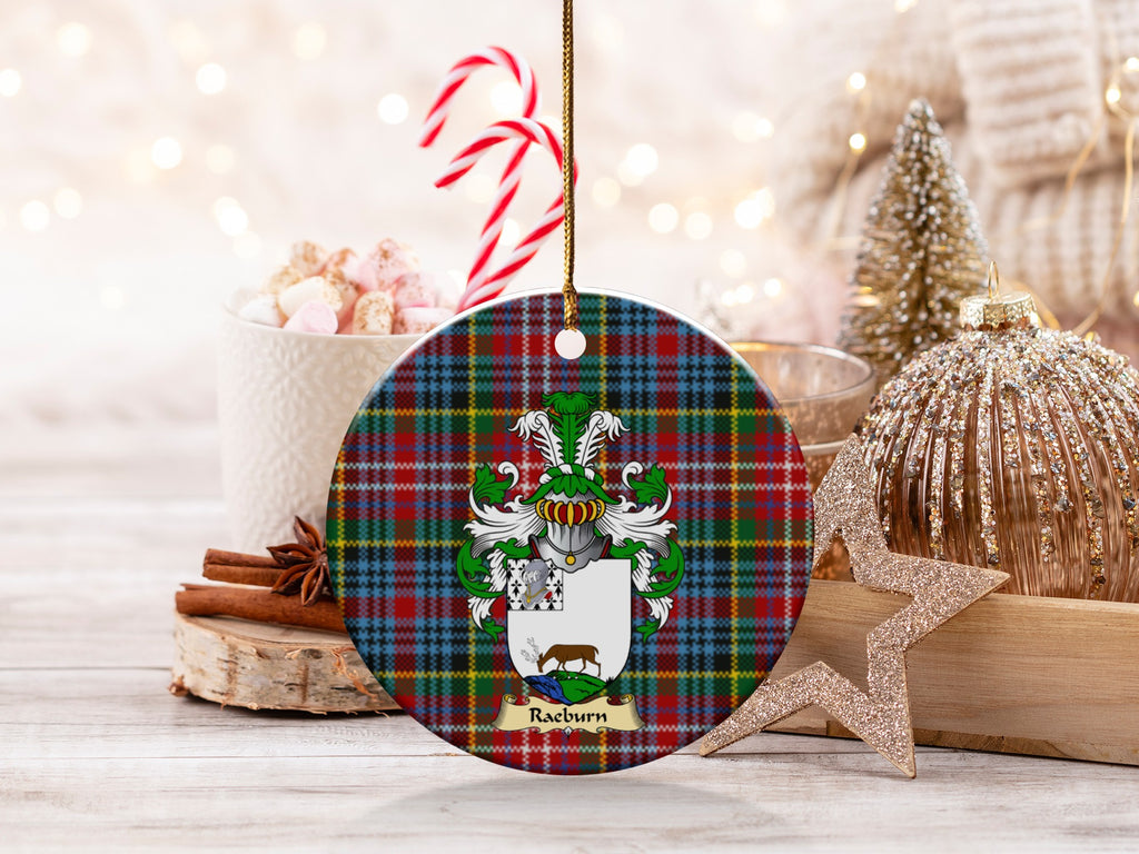 Double-sided Raeburn ceramic ornament with family shield and Caledonia tartan background