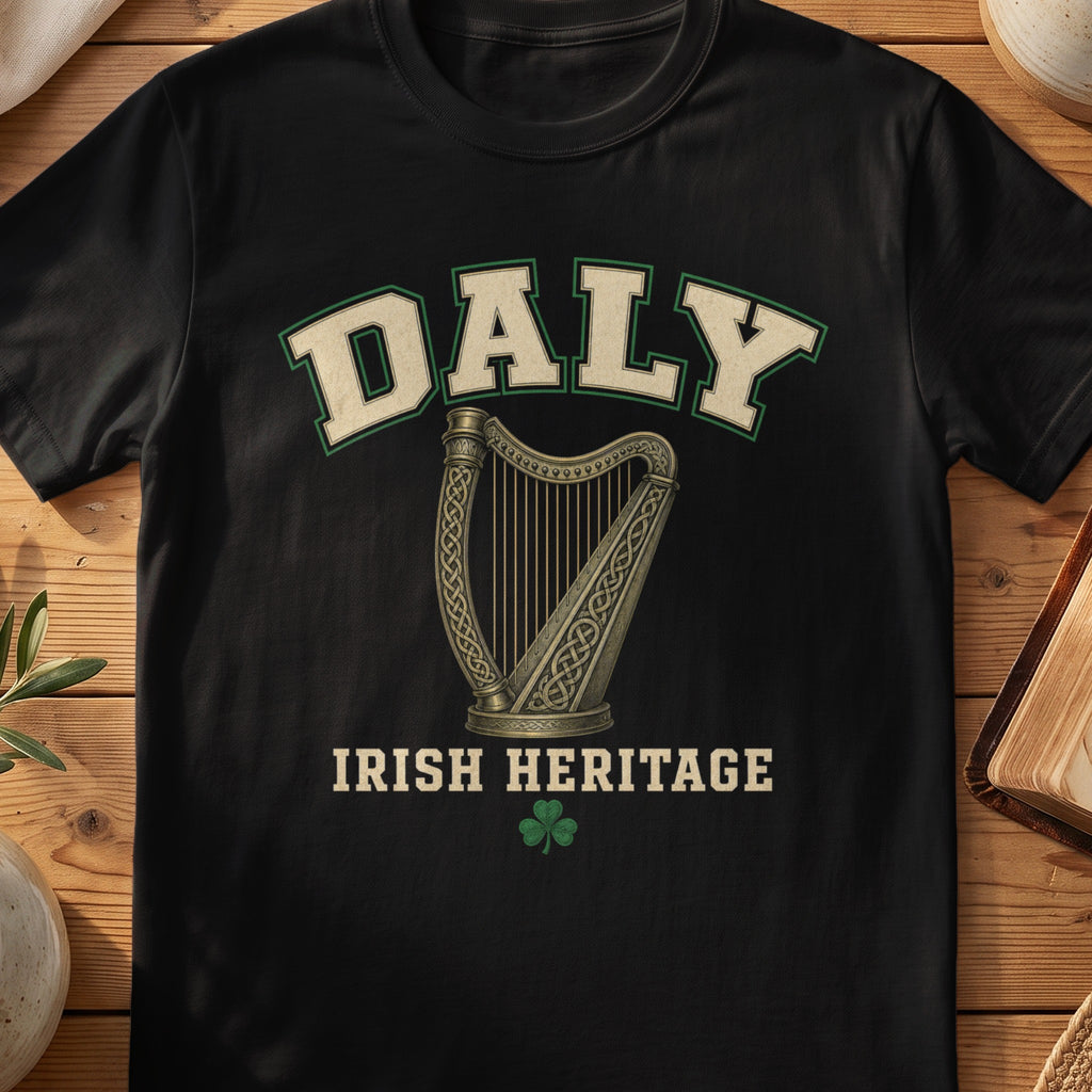 Daly Irish harp T-shirt in Black, with cream surname lettering, a gold-toned harp, green shamrock and “Irish Heritage” text.