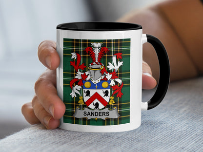 Mug with the Sanders coat of arms on a plaid background.