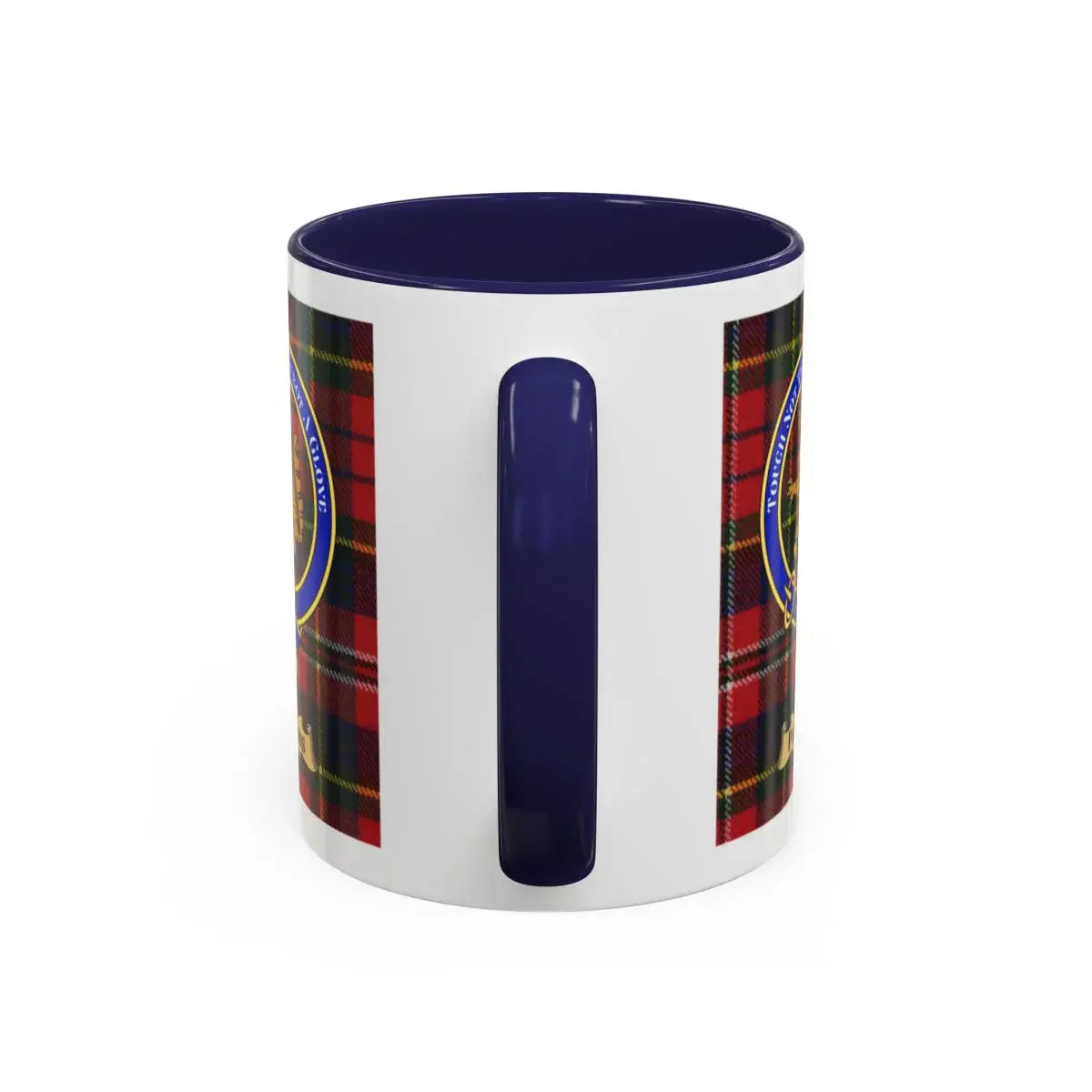 Navy Blue Handle Mug with Red Plaid Accents Coffee Cup