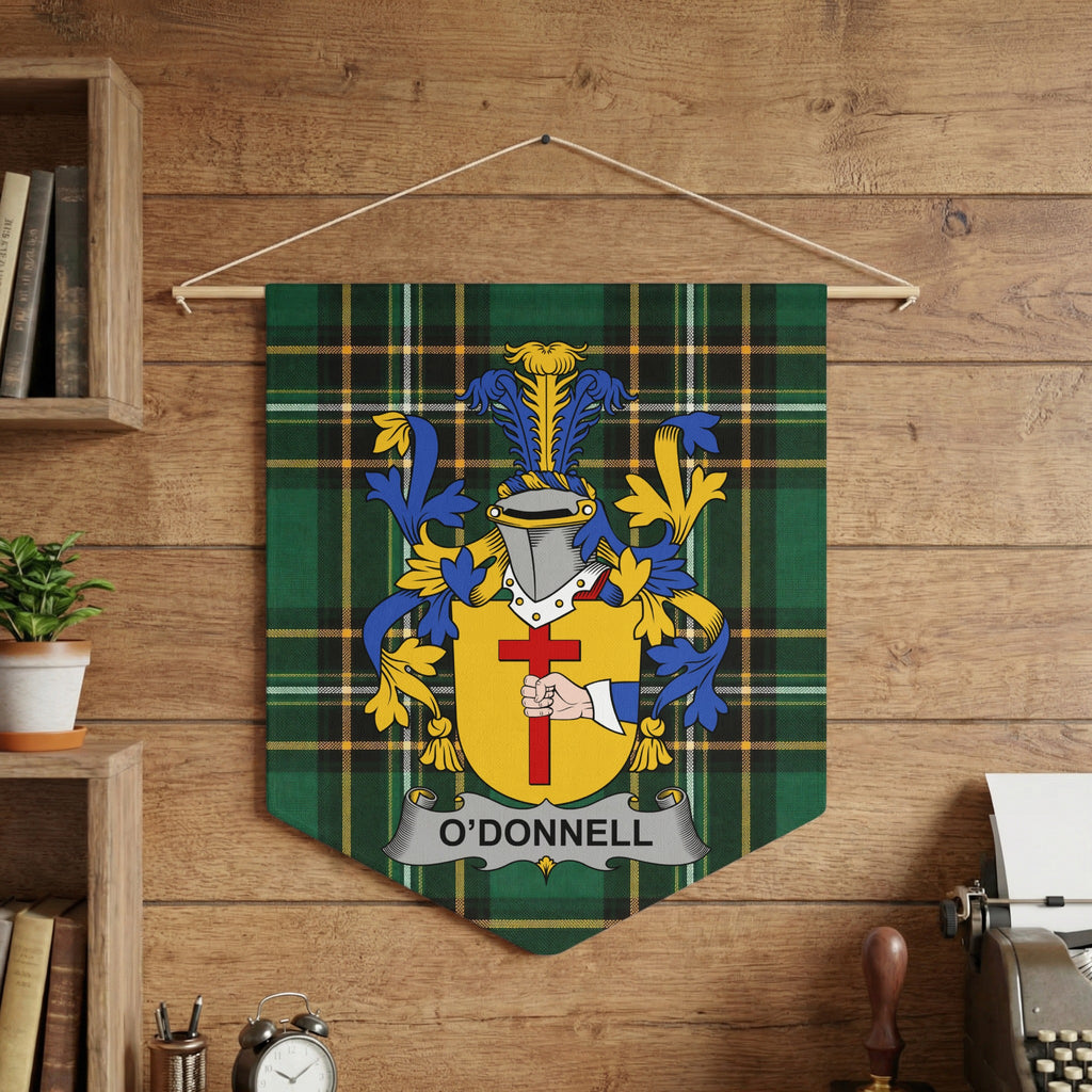 O'Donnell family crest on green tartan banner hanging on wood wall.