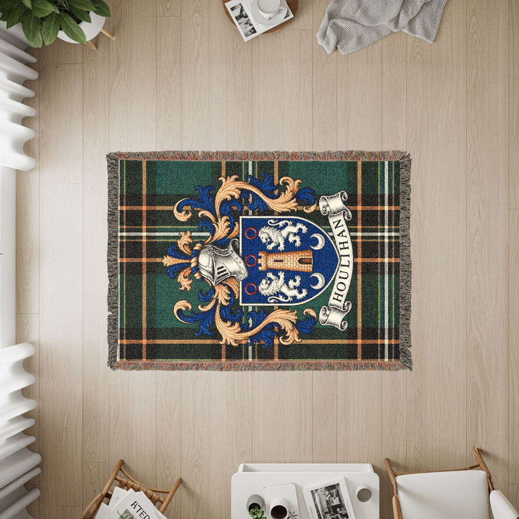 Close-up of Houlihan family crest design on Irish National Tartan heirloom woven blanket