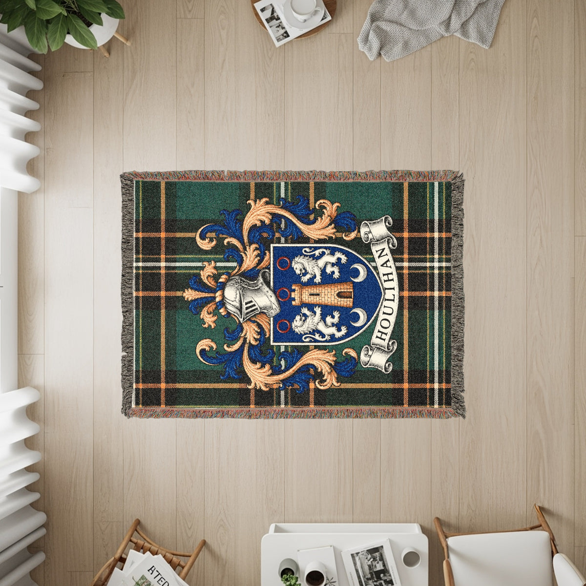 Close-up of Houlihan family crest design on Irish National Tartan heirloom woven blanket
