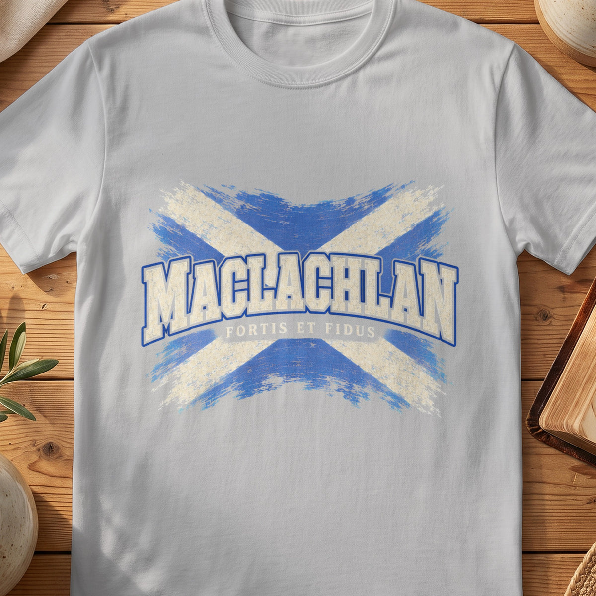 MacLachlan Scottish Saltire T-shirt in Sport Grey, with distressed blue and cream flag and “Fortis et Fidus” lettering.