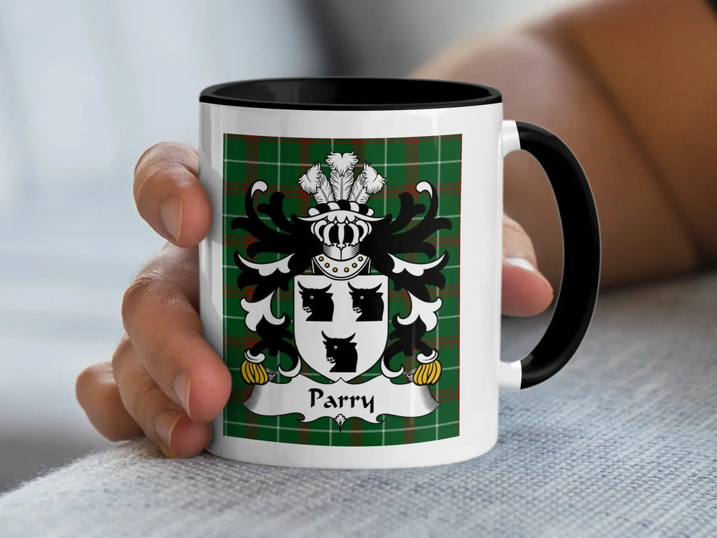 Parry Welsh coat of arms accent mug with black handle on Welsh National Tartan background