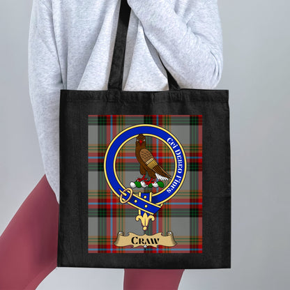 Iconic Craw Clan Crest on Colorful Tartan Tote Bag - Living Stone Gifts