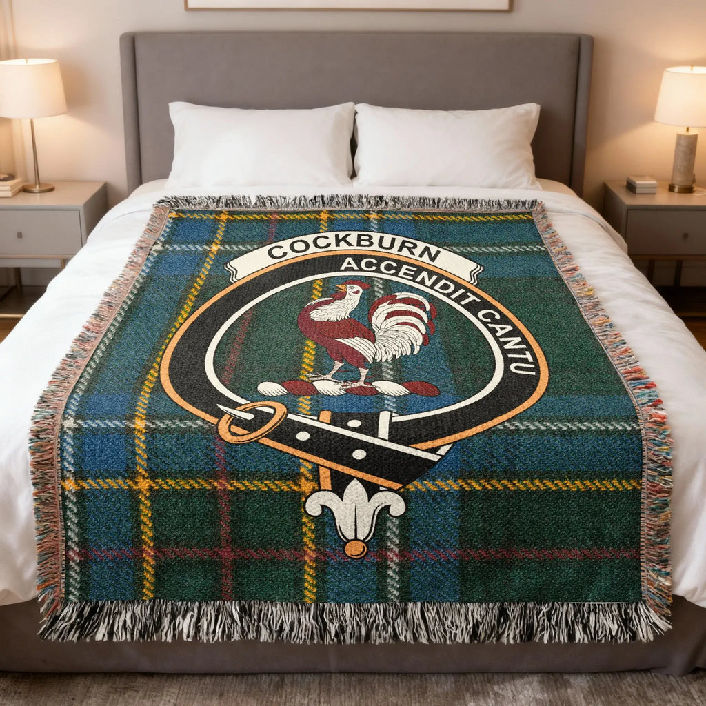 Clan Cockburn accendit cantu tartan woven blanket — 100% cotton, sofa display