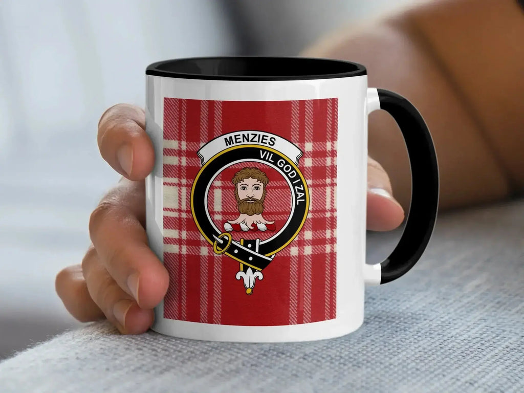 Top-down view of Menzies clan crest mug showing interior accent colour — glossy ceramic