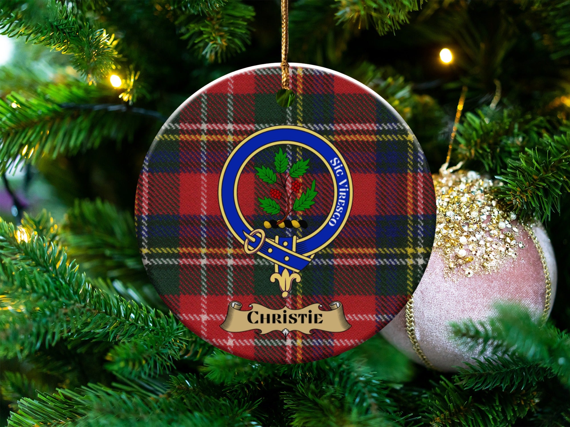 Christie clan crest tartan ceramic Christmas ornament — 3 inch round