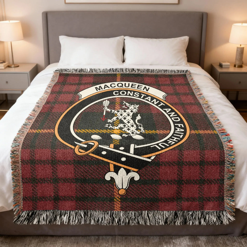 Clan MacQueen tartan woven blanket — cotton throw with Constant and Faithful crest and tartan detail