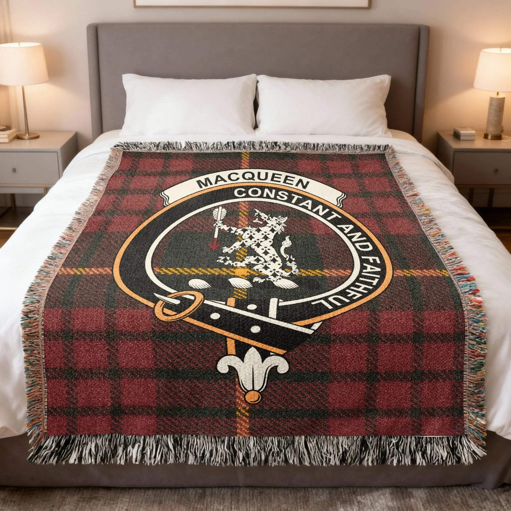 Clan MacQueen tartan woven blanket — cotton throw with Constant and Faithful crest and tartan detail