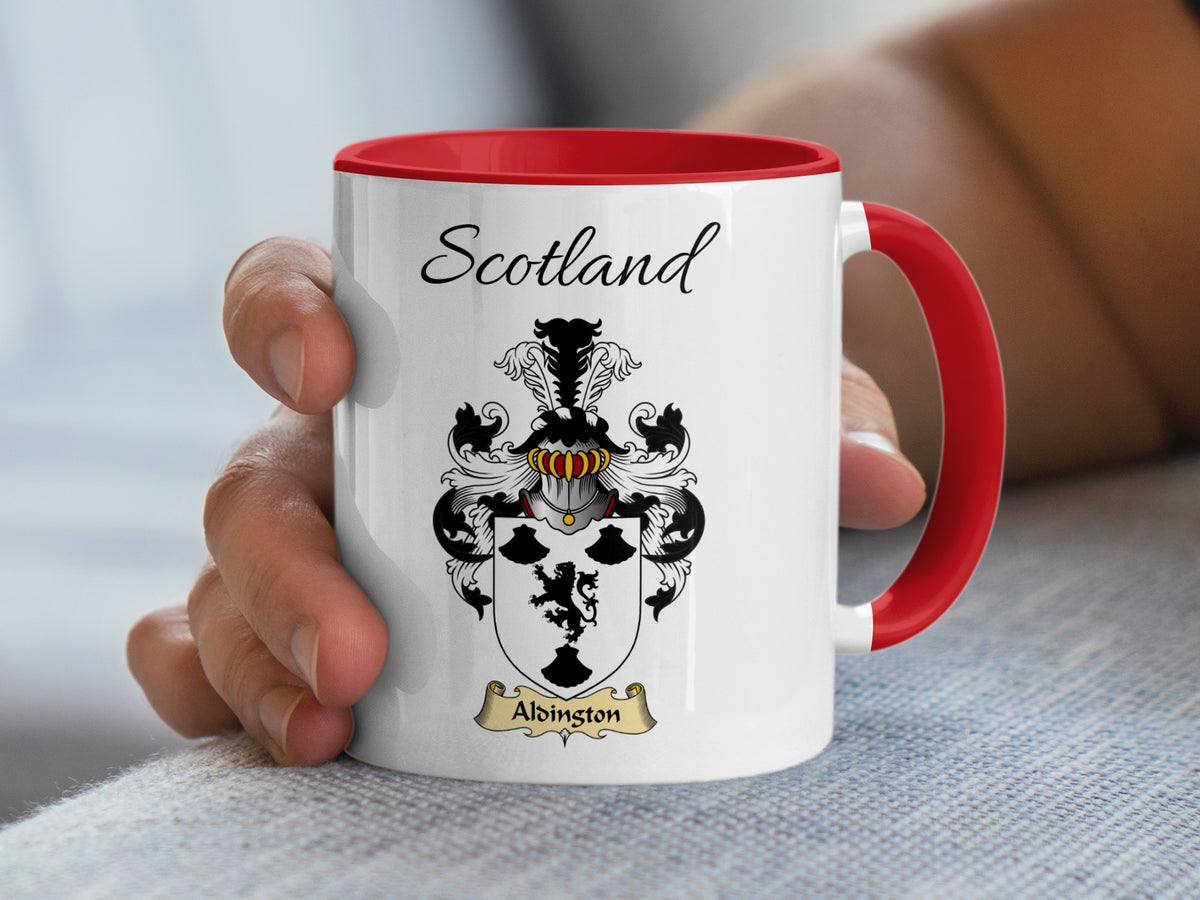 Red-accent Aldington Scottish surname mug with matching handle and interior and coat of arms artwork beneath “Scotland”.