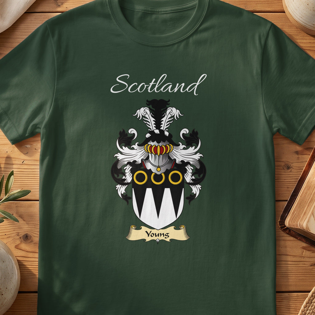 Forest Green Youngs Scottish T-shirt laid flat with coat of arms artwork and “Scotland” text.