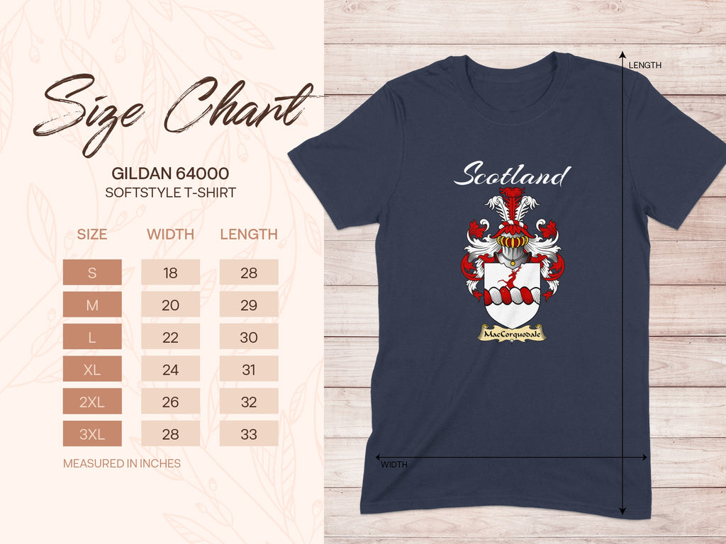Gildan 64000 size chart for the MacCorquodale unisex T-shirt, sizes S to 3XL