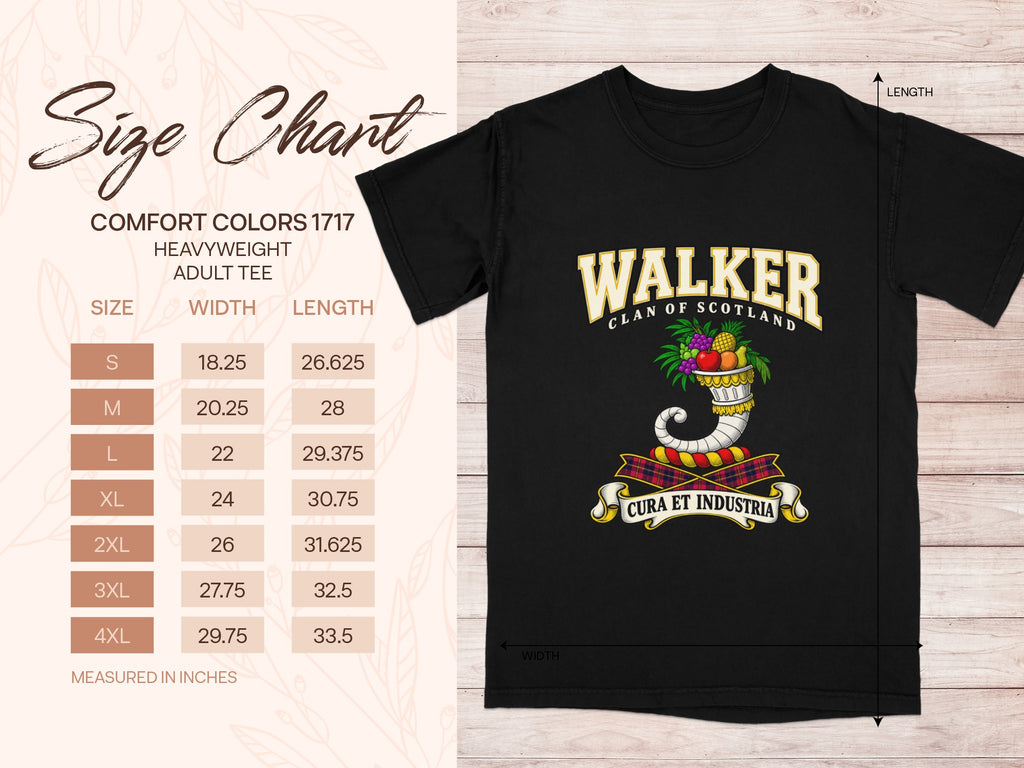 Comfort Colors 1717 size chart in inches with a black Walker clan crest T-shirt preview