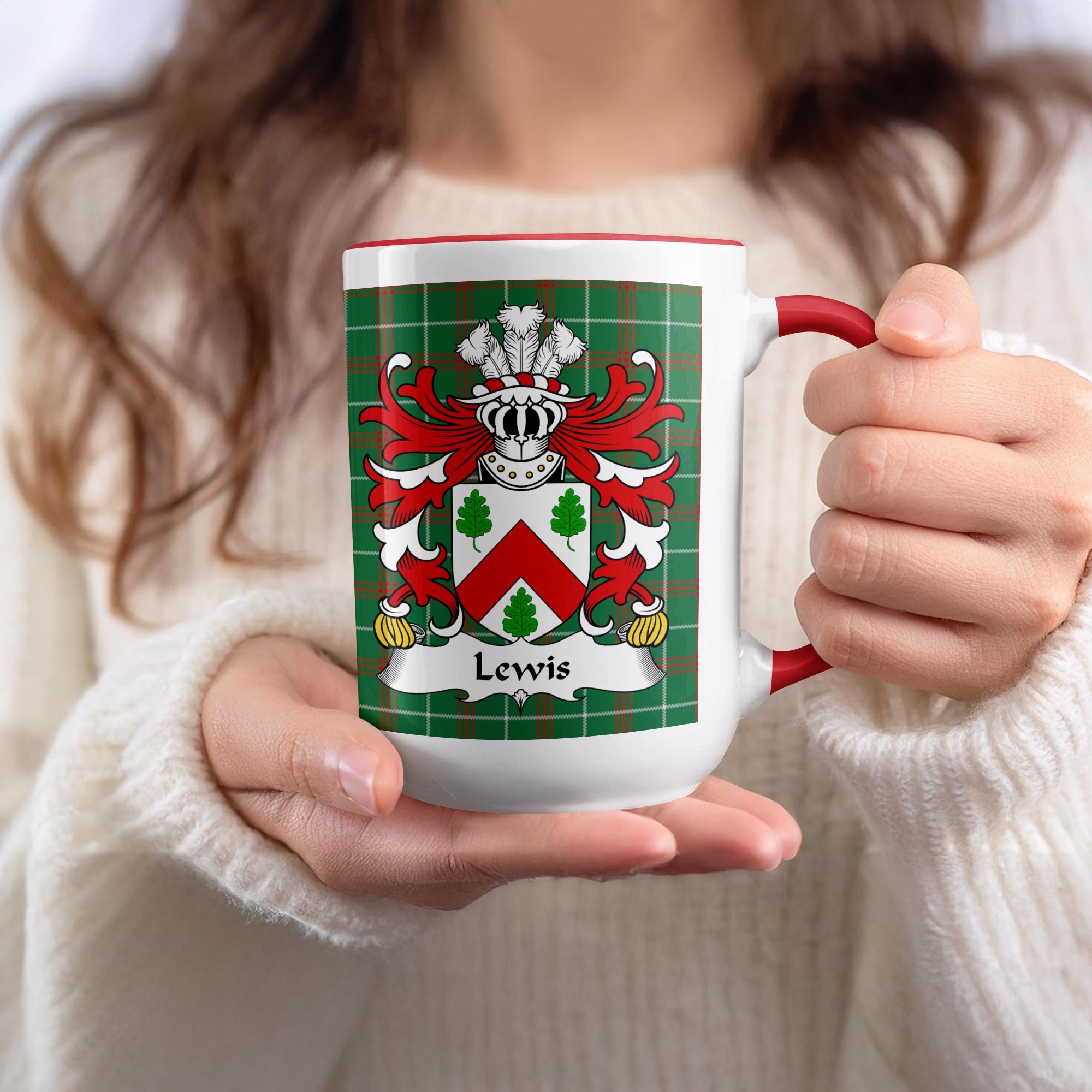 Mug with Lewis family crest on green tartan pattern.