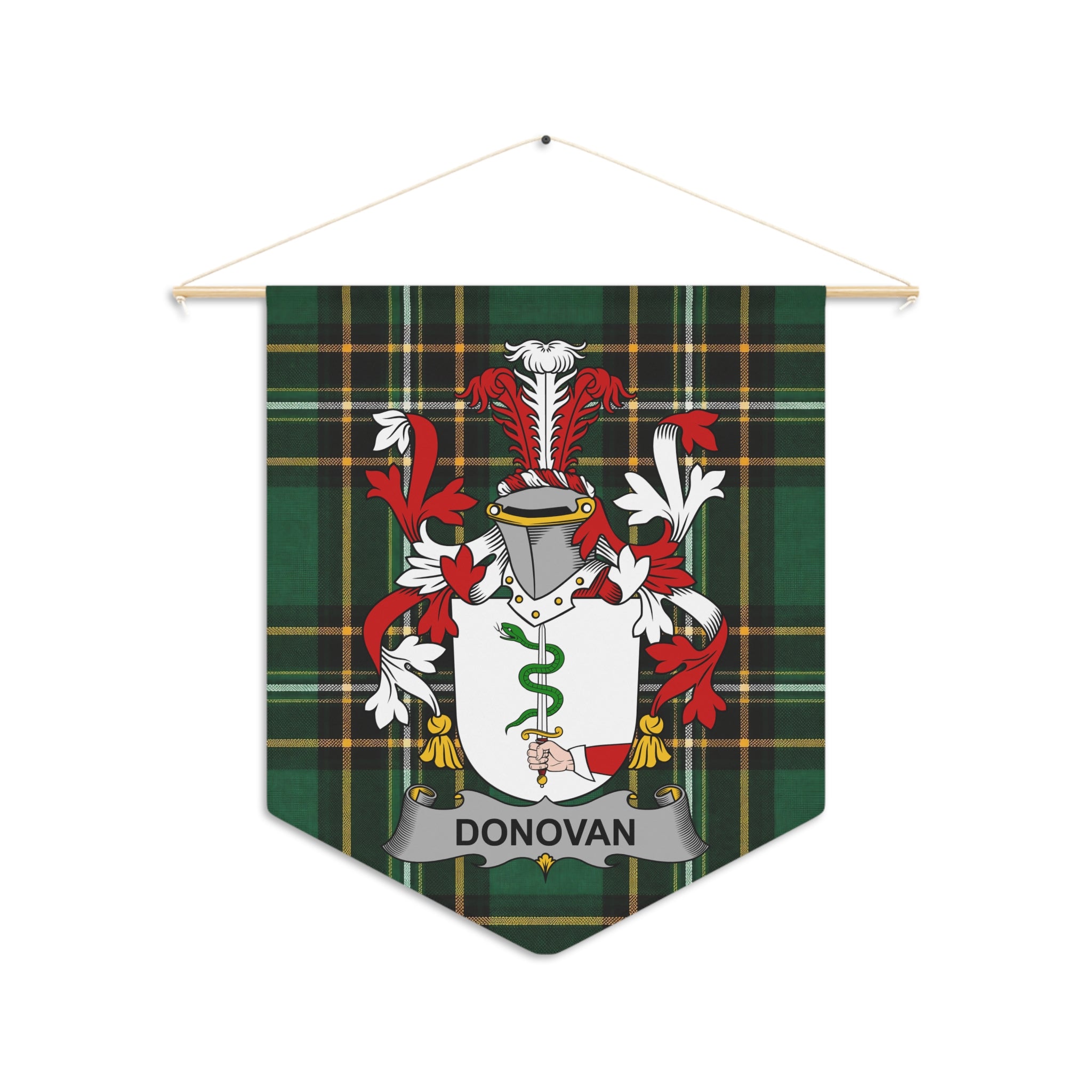 Donovan family crest on green plaid pennant hanging from wooden dowel.