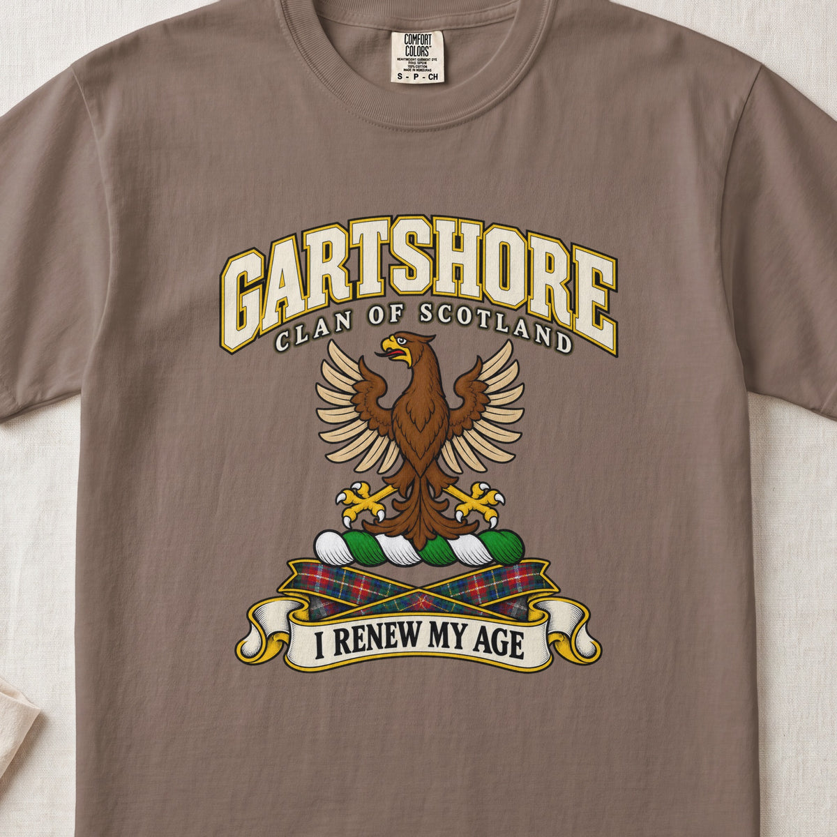 Gartshore Scottish clan T-shirt in Espresso, front view with a brown eagle with spread wings and motto design.