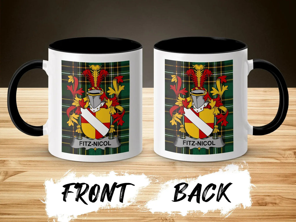 Two mugs, front and back, displaying a Fitz-Nicol family crest on a checkered background.