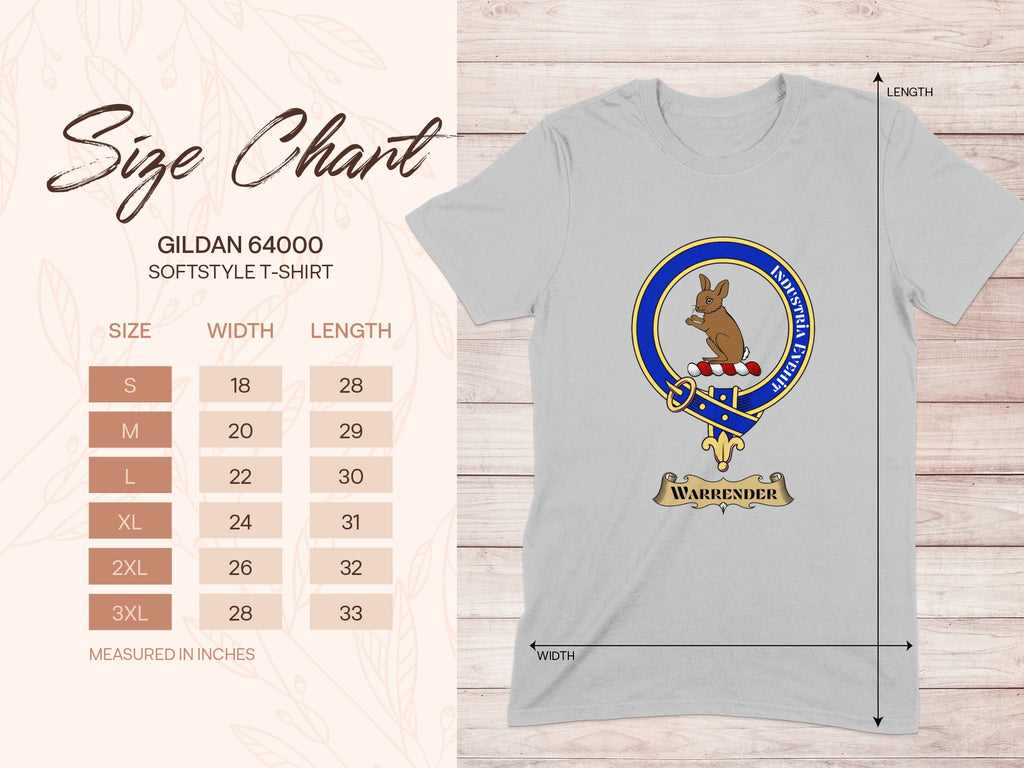 Gildan 64000 size chart for Warrender Scottish clan crest T-shirt