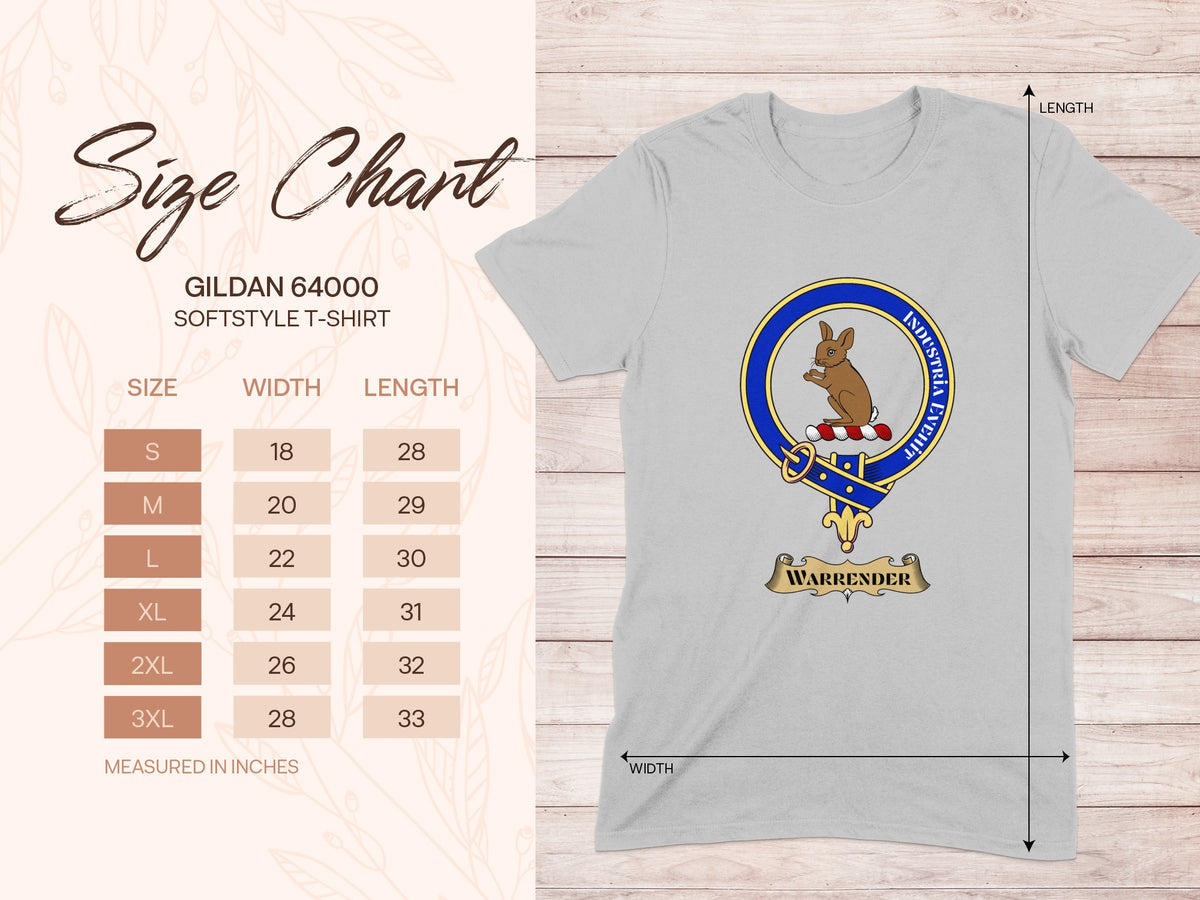 Gildan 64000 size chart for Warrender Scottish clan crest T-shirt