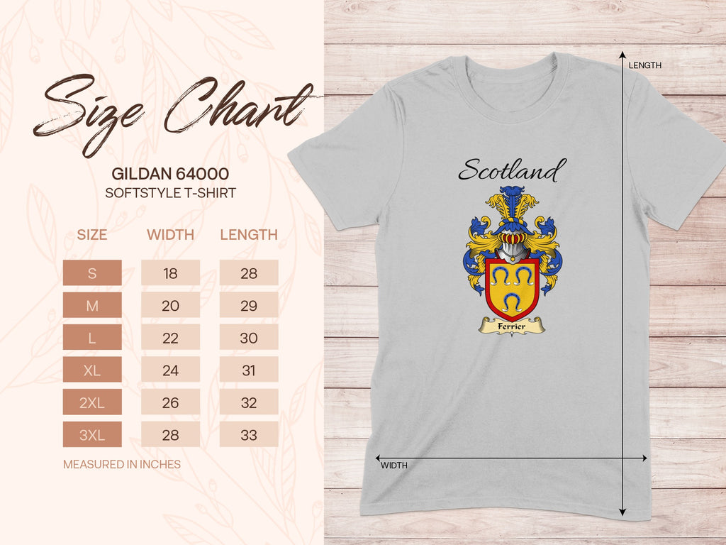 Gildan 64000 size chart for the Ferrier unisex T-shirt, sizes S to 3XL