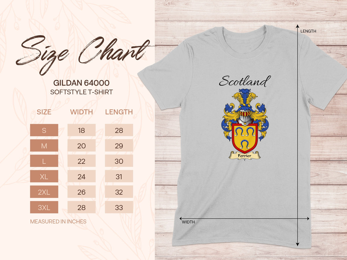 Gildan 64000 size chart for the Ferrier unisex T-shirt, sizes S to 3XL
