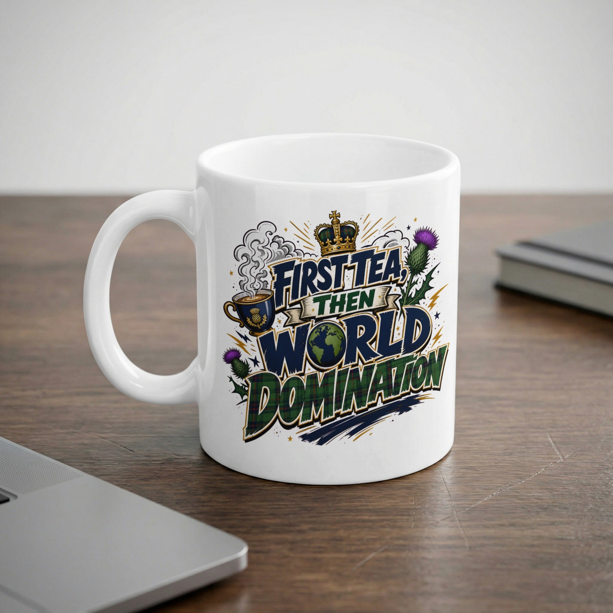 White mug with "First tea, then world domination" text and Scottish thistle design.