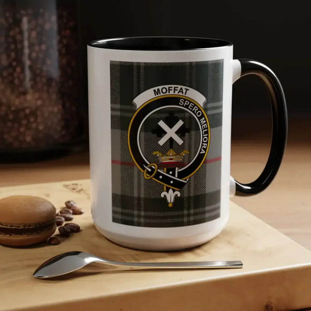 Moffat clan crest mug with tartan design — 15 oz ceramic, red handle and interior