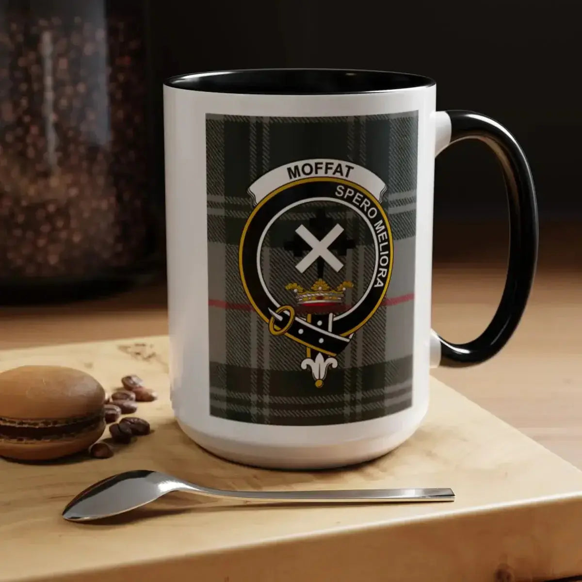 Moffat clan crest mug with tartan design — 15 oz ceramic, red handle and interior