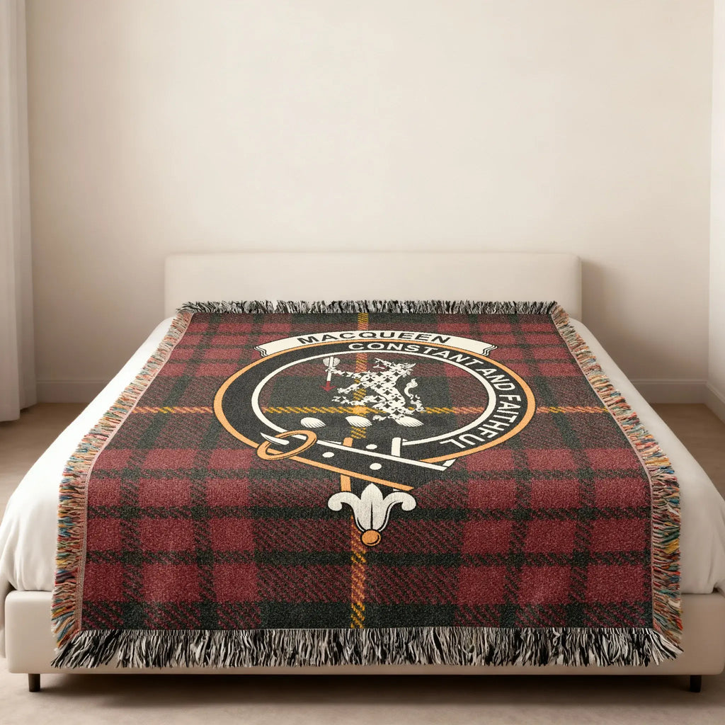 Clan MacQueen Constant and Faithful woven heritage blanket — full view showing clan crest and fringe