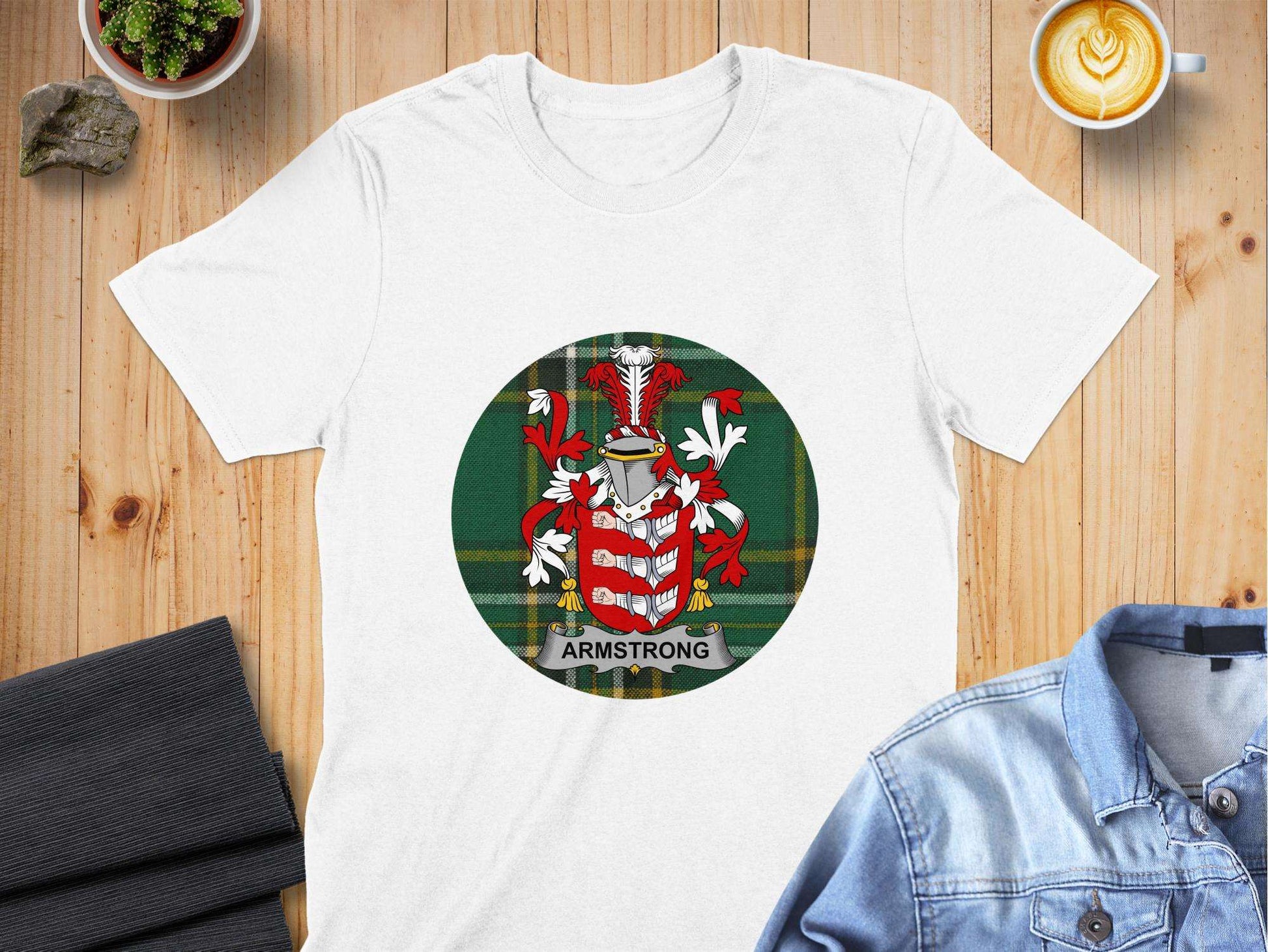 Armstrong Family Crest on Irish National Tartan T-Shirt - Living Stone Gifts