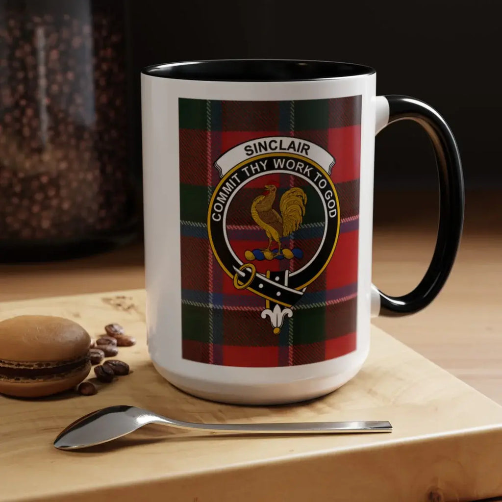 Sinclair commit thy work to god crest mug — navy handle, tartan pattern on ceramic