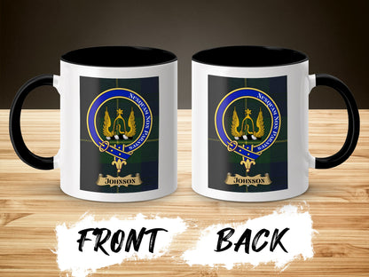 Johnson clan crest on a black and white mug, front and back view.
