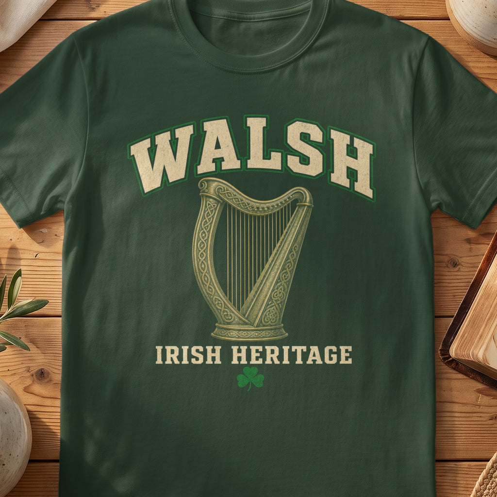 Walsh Irish harp T-shirt in Forest Green, with cream surname lettering, a gold-toned harp, green shamrock and “Irish Heritage” text.