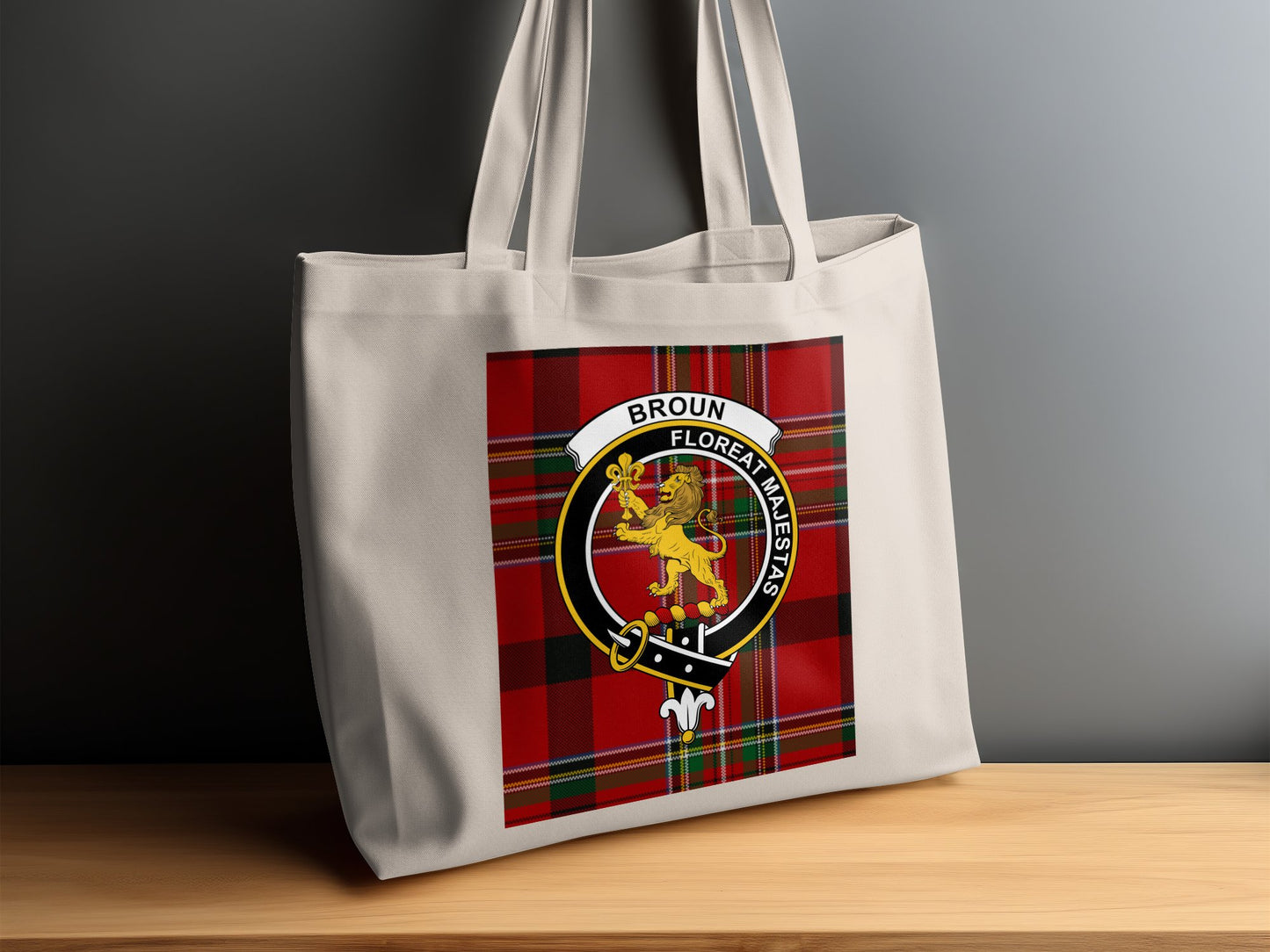 Broun Scottish Clan Crest on Tartan Background Tote Bag - Living Stone Gifts