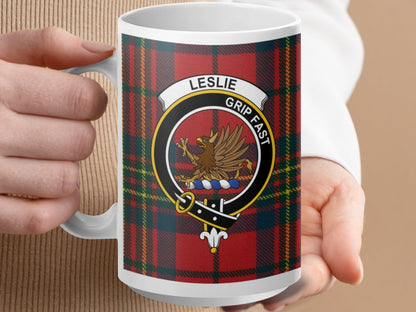 Leslie Crest on Scottish Tartan Plaid with Clan Motto Mug - Living Stone Gifts