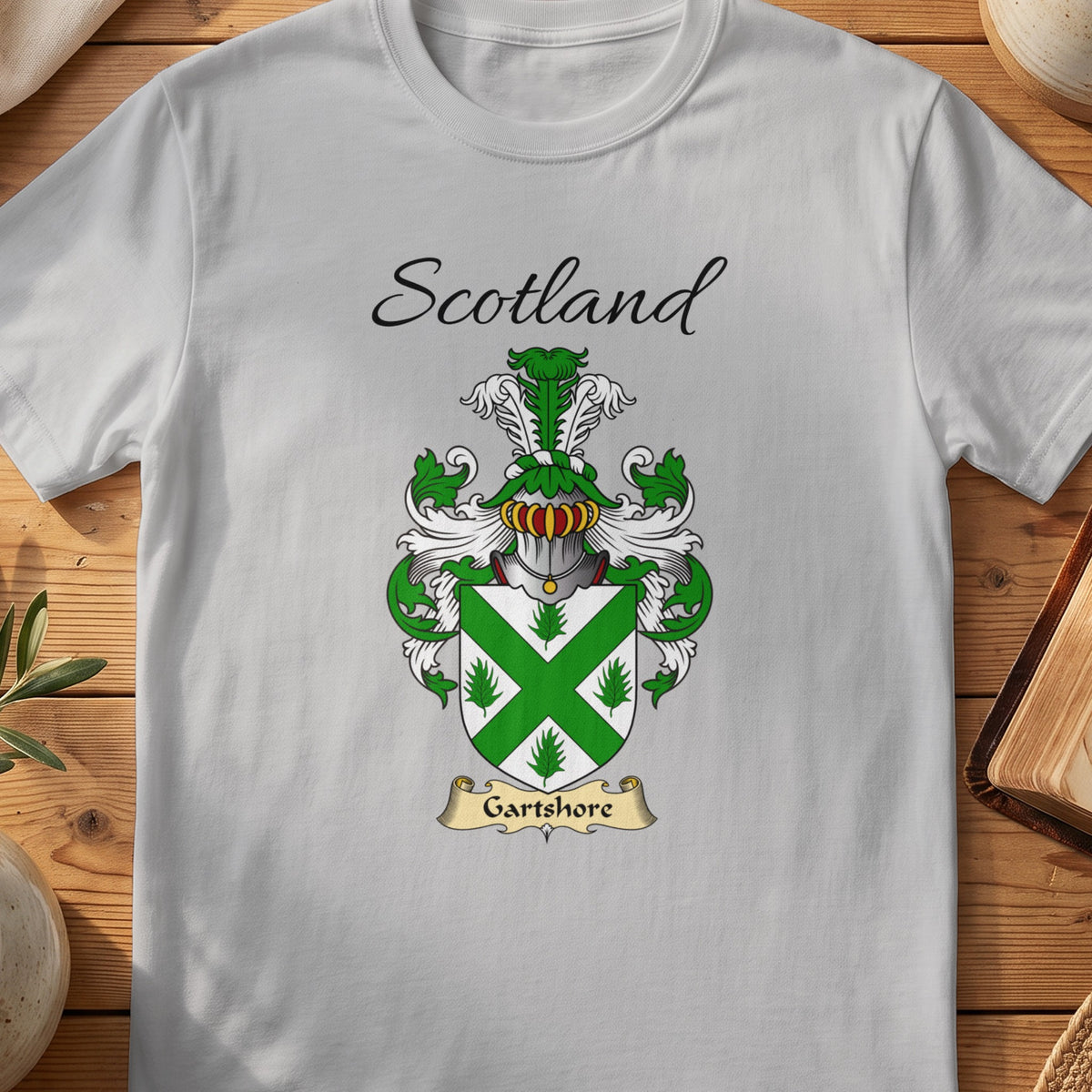 Sport Grey Garthshore Scottish family shield T-shirt featuring a green diagonal cross on a white shield