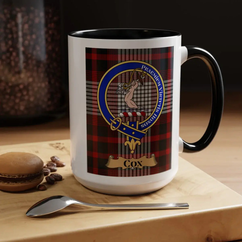 Close-up of the Cox clan crest printed on a ceramic mug