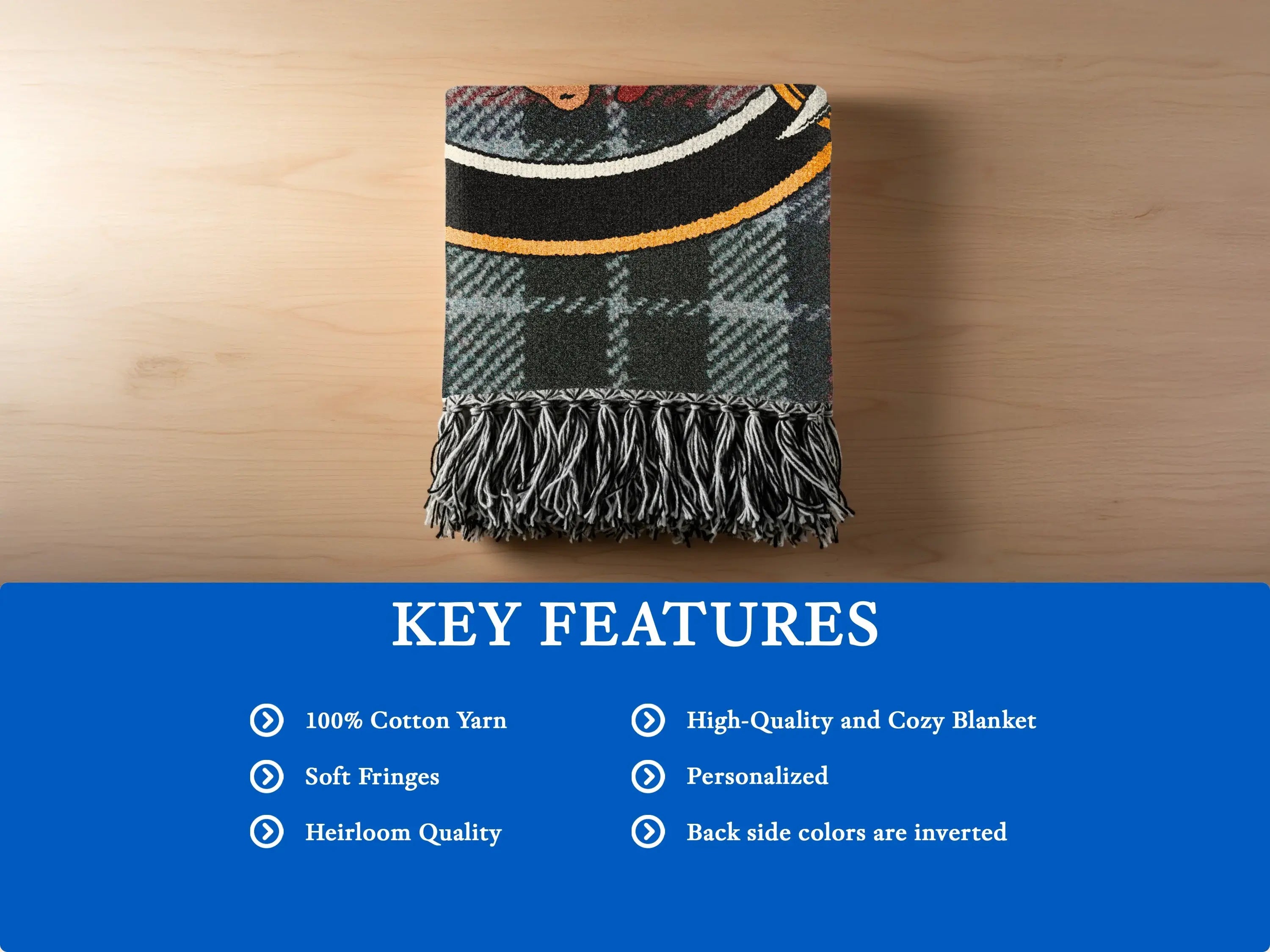 MacTavish clan woven blanket folded — premium cotton with soft woven fringe edge detail