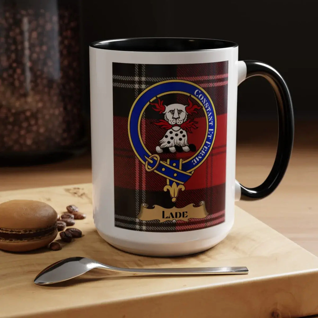 Close-up of the Lade clan crest printed on a ceramic mug