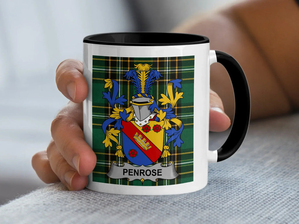 Penrose Irish family crest black accent mug with Irish National Tartan