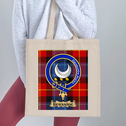 Burnside Clan Emblem on Scottish Tartan Tote Bag - Living Stone Gifts